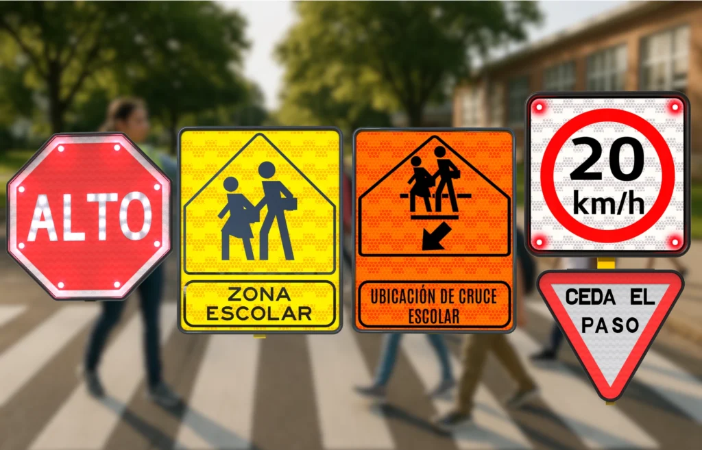 Señalamientos escolares principales: ALTO, Zona Escolar, Cruce Escolar, Límite de Velocidad 20 km/h y Ceda el Paso, instalados en calles escolares.