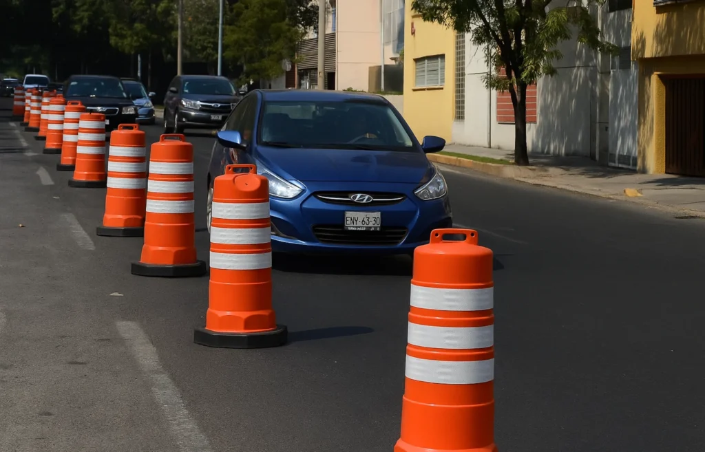 Trafitambos viales naranjas delimitando cierre de carril para guiar a los automovilistas en avenida urbana.