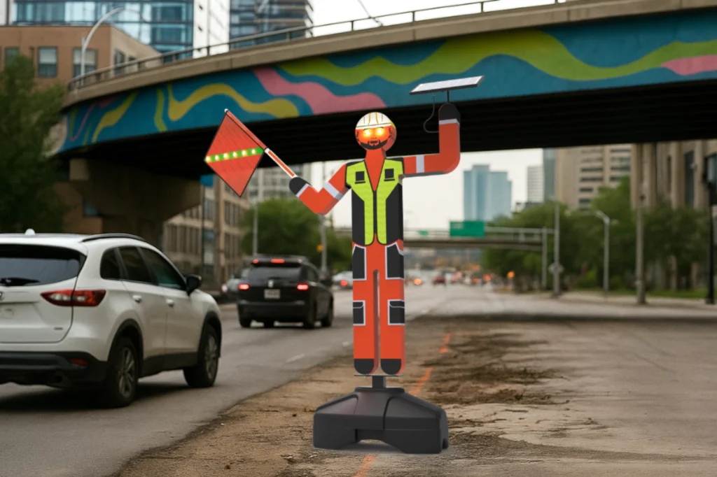 Banderero vial regulando tráfico en obra, chaleco reflectante, señalización temporal, seguridad vial