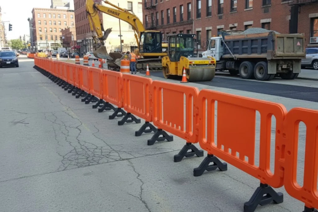 Barreras plásticas de seguridad vial, delimitación de obra, control de tráfico, barricada naranja