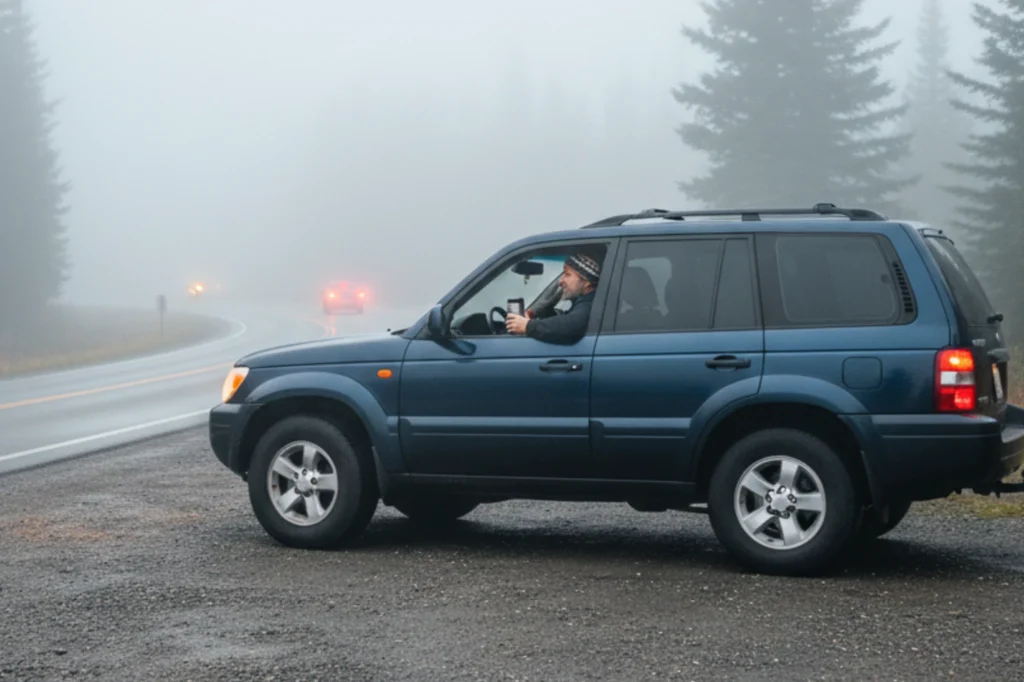 Automovilista detenido en carretera por baja visibilidad y condiciones climáticas adversas.