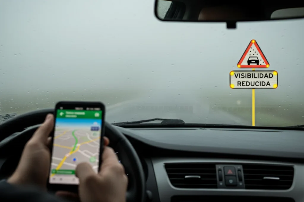 Conductor utilizando el celular mientras maneja, distracción peligrosa en condiciones de poca visibilidad.
