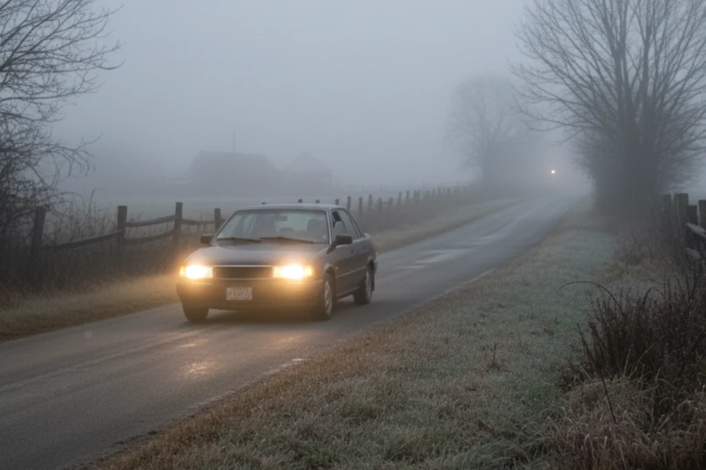 Conductor atento al volante mientras conduce con niebla en una carretera rural.