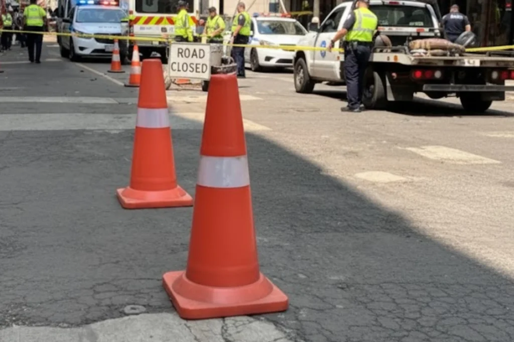 Conos viales de tráfico, señalización de obra, equipo de seguridad, conos naranjas reflectantes