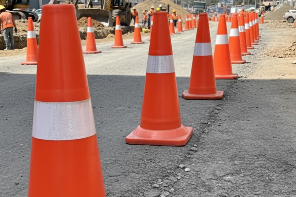 ¿Qué significa el color naranja en las señales de tráfico o seguridad vial? ¿Por qué se usan conos y barreras de color naranja en las obras viales? Diferencia entre señalización vial amarilla y naranja. Normativa del color naranja para dispositivos de seguridad vial. Color naranja en chalecos reflectantes para trabajadores viales. Función del trafitambo color naranja en la carretera. Psicología del color naranja y su visibilidad en obras. Significado de las líneas naranjas en Google Maps. ¿El color naranja indica advertencia o peligro de obra vial? Conos viales naranjas con bandas reflectantes.