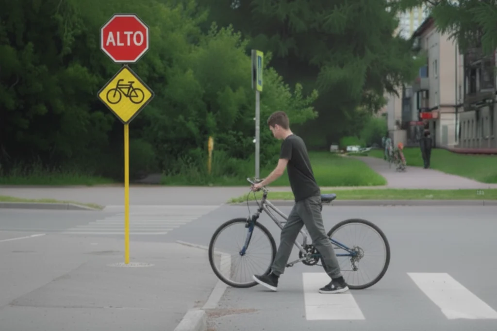 Ciclista empujando su bicicleta sobre cruce peatonal con señal de alto y señalización de ciclovía en zona urbana.