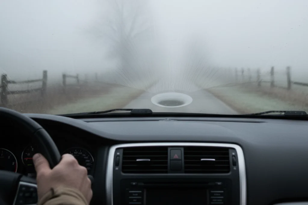 Persona limpiando el parabrisas del vehículo para conducir con niebla de forma segura.