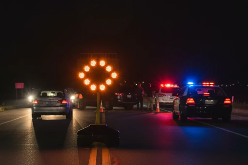 Flechero luminoso señalizando un desvío nocturno en carretera para mantener la seguridad vial y orientar el tránsito vehicular.