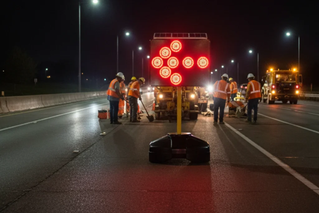 Flechero luminoso con luces LED utilizado por cuadrillas de mantenimiento vial para advertir zonas de obra durante la noche.