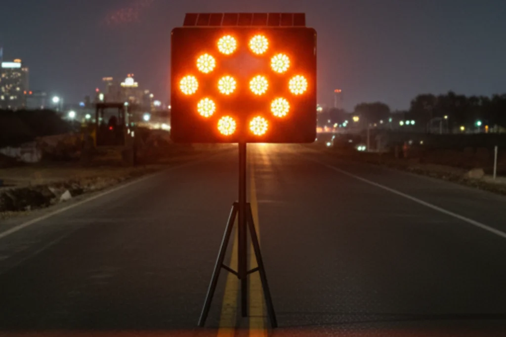 Flechero luminoso con panel solar y luces LED en carretera nocturna, utilizado para señalización vial y advertencia de desvíos en obras de mantenimiento.