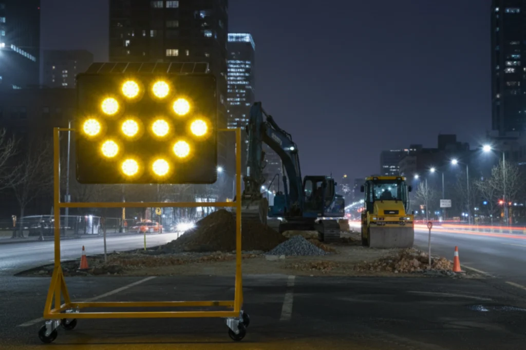 Flechero luminoso solar instalado en zona urbana de construcción, diseñado para guiar el tránsito y mejorar la visibilidad nocturna.