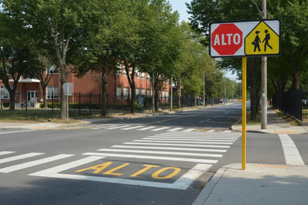Señal de alto combinada con señal de zona escolar frente a cruce peatonal en calle arbolada.