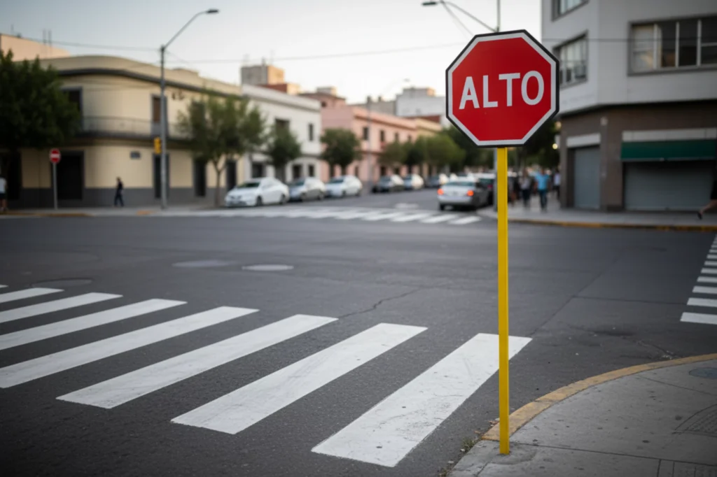 Señal de alto sobre poste amarillo en intersección urbana con líneas peatonales bien marcadas.