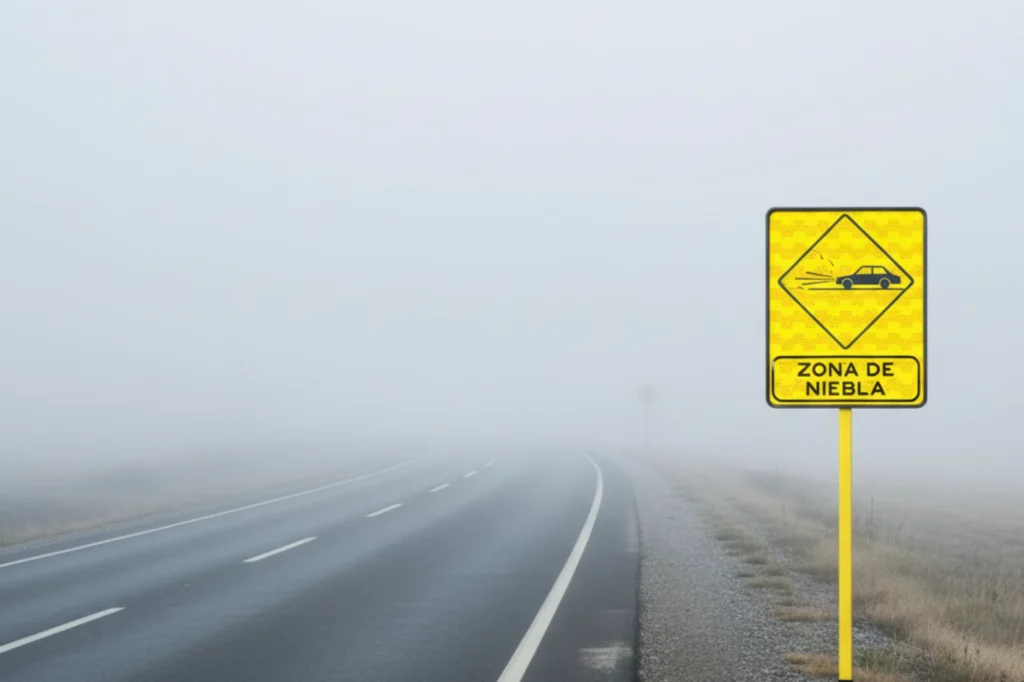 Señal preventiva amarilla que advierte zona de niebla y recomienda conducir con niebla con precaución.