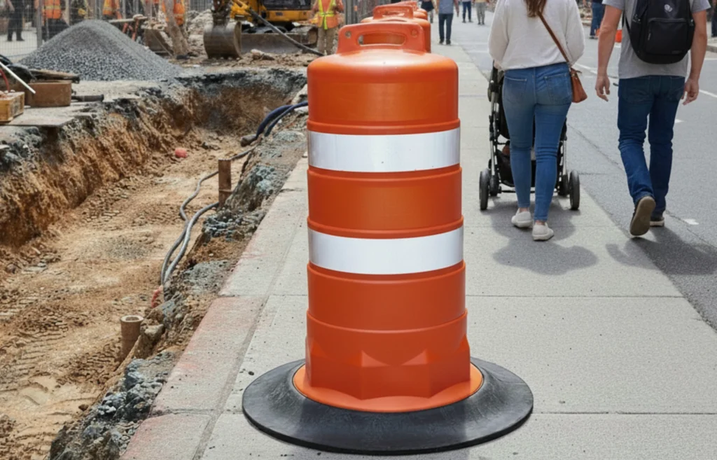 Trafitambos protegiendo a transeúntes, barrera temporal en zona de construcción, tambo para resguardar peatones, obra de infraestructura vial