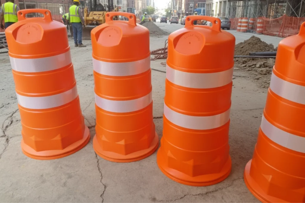 Tambos de seguridad vial, barriles de obra, delimitadores de carril reflectivos