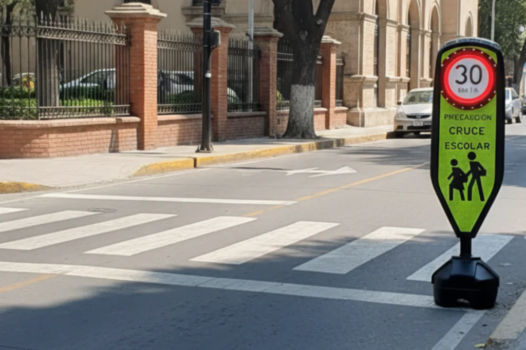 Señal preventiva de cruce escolar con límite de velocidad, parte esencial de la seguridad vial integral en zonas urbanas.
