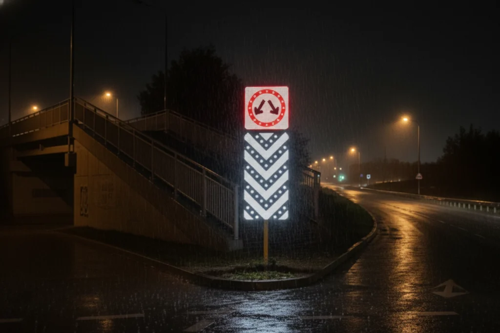 Señal vial antirrobo de bifurcación peligrosa con luces LED activas durante la noche, instalada en carretera mojada bajo la lluvia para guiar a los conductores.