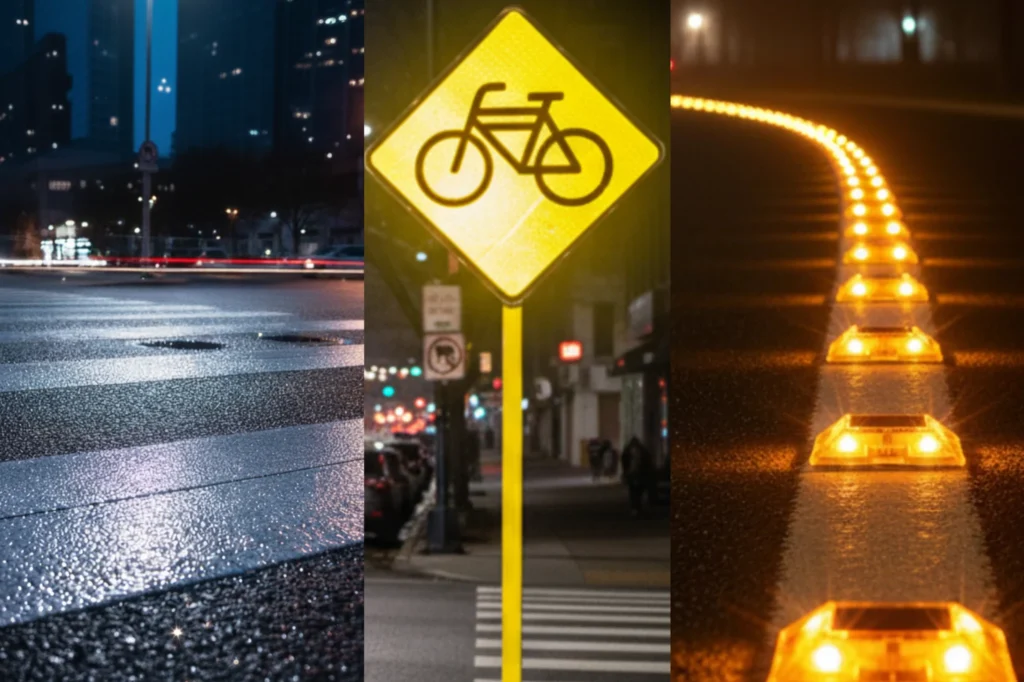 Señales, vialetas y pintura reflectante que refuerzan la seguridad vial integral en carreteras y zonas urbanas.