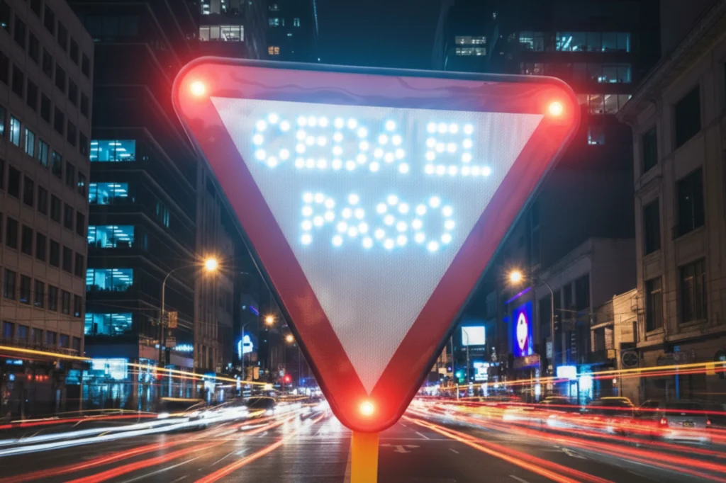 Señal luminosa de ceda el paso que mejora la seguridad en el tránsito y reduce accidentes nocturnos.