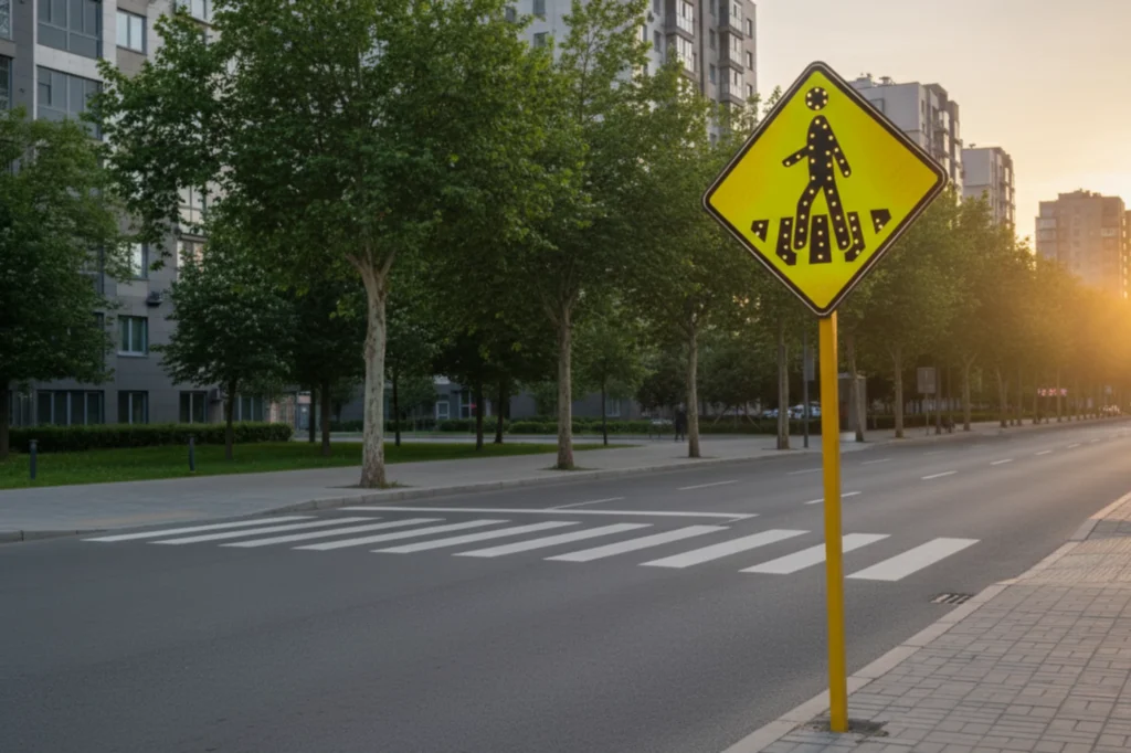 Señales viales antirrobo de cruce peatonal instalada antes del paso de peatones, con postes amarillos y sistema reflectante de alta visibilidad en zona urbana.