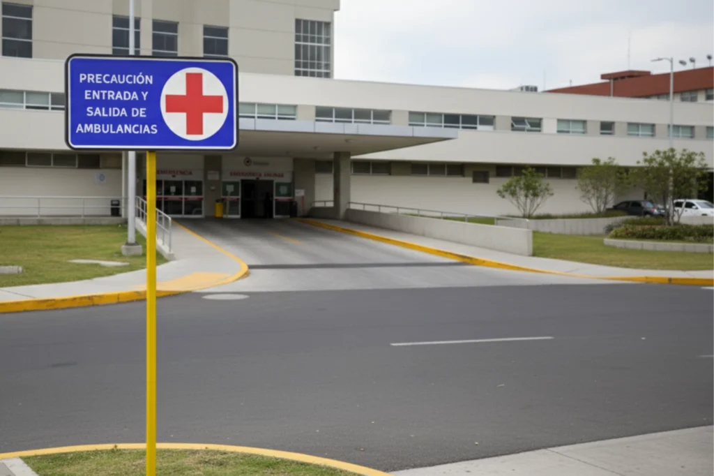 Señal de para acceso de ambulancias ubicada frente a hospital moderno, fabricada en polímero de alta resistencia y visible desde la vialidad principal.