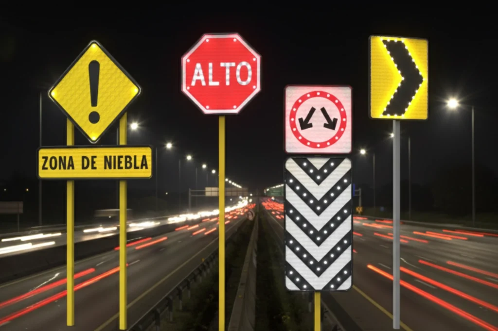 Conjunto de dispositivos de seguridad vial de alta durabilidad con tecnología LED, diseñados para resistir robo, clima extremo y garantizar orientación en carreteras.
