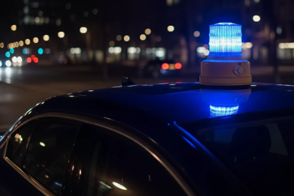 Torreta de luz azul utilizada para reforzar la infraestructura vial segura en zonas de emergencia o trabajos nocturnos.