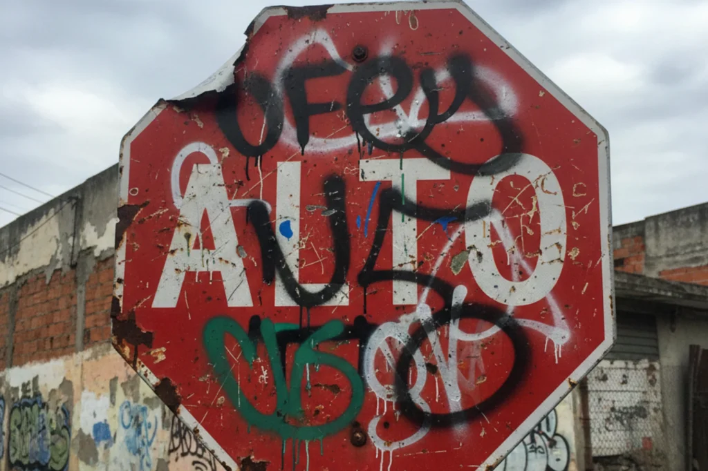 Señalizaciones viales de alto en mal estado, fabricadas en material metálico tradicional, con afectaciones por impacto y exposición prolongada al entorno.