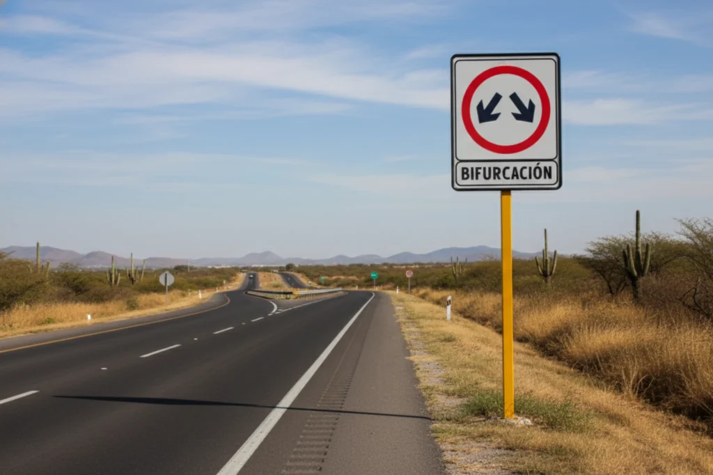 Señal de bifurcación colocada en carretera federal, ejemplo real de los tipos de señalamientos viales que orientan al conductor sobre división de ruta.