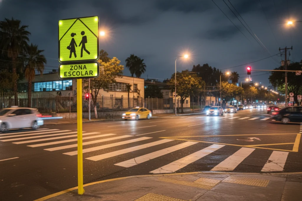 Señales viales LED para cruce escolar iluminado en una calle de la Ciudad de México durante la noche.