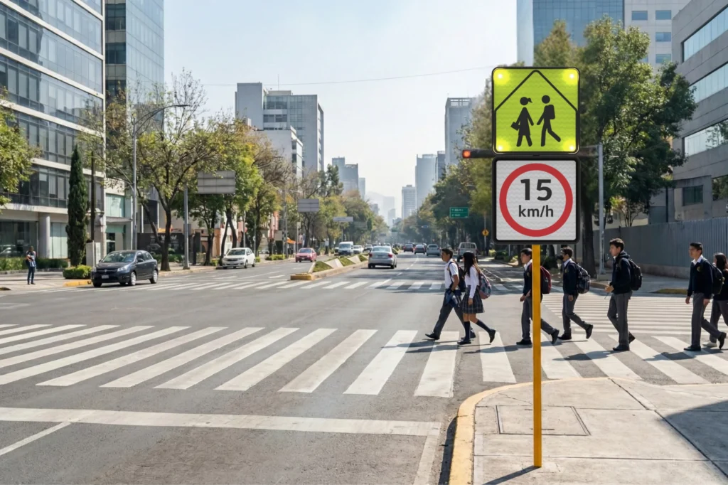 Señales fluorescentes de cruce escolar con límite de velocidad que alertan a los conductores antes de una zona escolar.