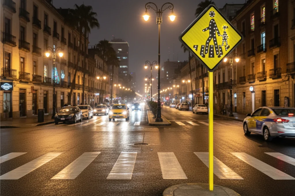 Señalización vial iluminada que marca cruce peatonal en una avenida del centro de la ciudad.