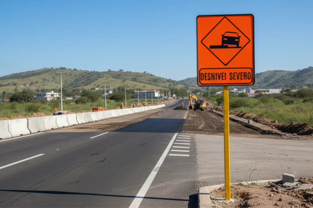 Señal de desnivel severo en color naranja, parte de los tipos de señalamientos viales que advierten sobre cambios y trabajos en la carretera.
