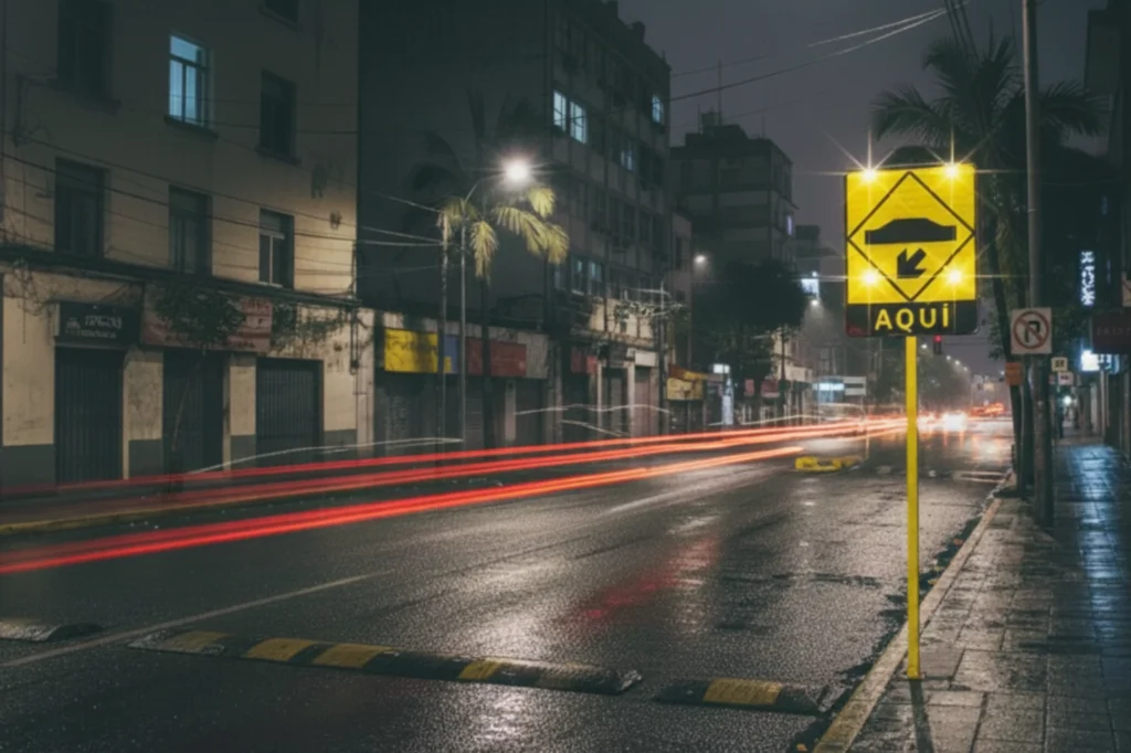 Señales viales LED que advierten la presencia de un tope en zona urbana con tráfico nocturno.