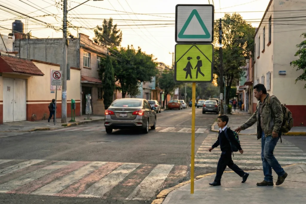 Señalización fluorescente de prioridad peatonal colocada en zona escolar para reforzar la atención del conductor.