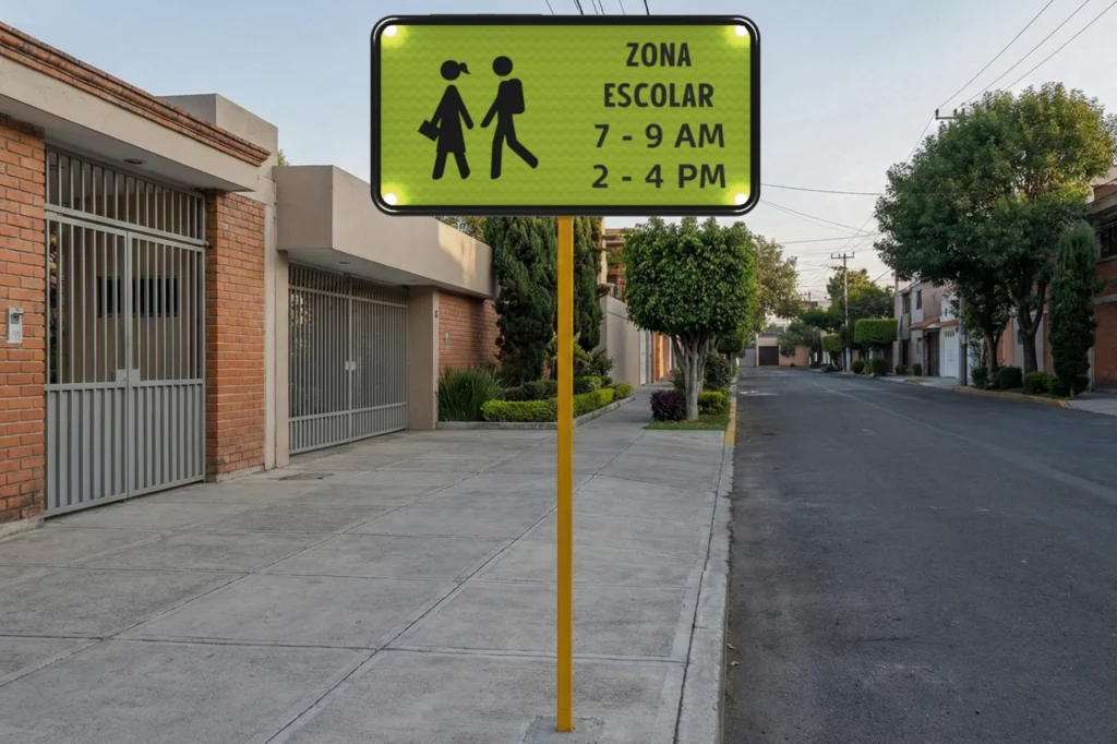 Señal escolar en amarillo fluorescente con horarios de cruce que indica momentos de mayor riesgo vial.
