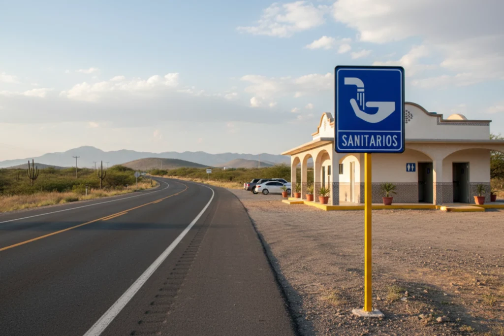 Señal azul de servicios sanitarios, uno de los tipos de señalamientos viales informativos diseñados para guiar a los viajeros en carretera.