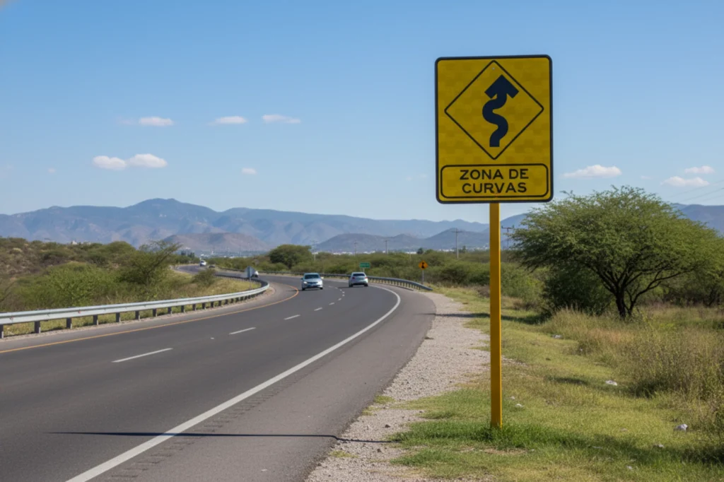 Señalización vial preventiva de zona de curvas en carretera, alertando sobre un tramo de manejo con precaución.