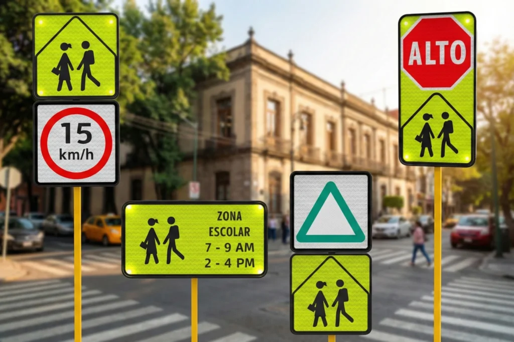Señalización vial en color fluorescente utilizada para mejorar la seguridad escolar en cruces peatonales.