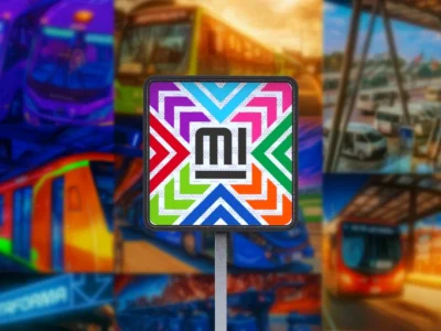 Señal principal de Movilidad Integrada con diseño multicolor e ícono central MI, con fondo de transporte multimodal. Representa la identidad visual unificada del sistema de transporte público en la Ciudad de México. Parte de las Señales de movilidad integrada.