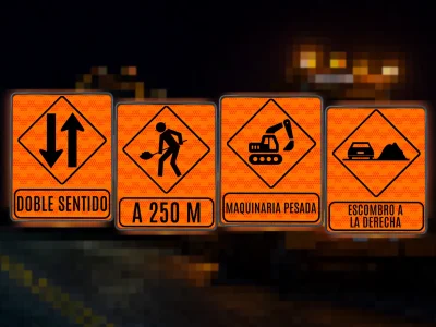 Señales de color naranja para obras viales que incluyen doble sentido, zona de trabajos, maquinaria pesada y escombro a la derecha.